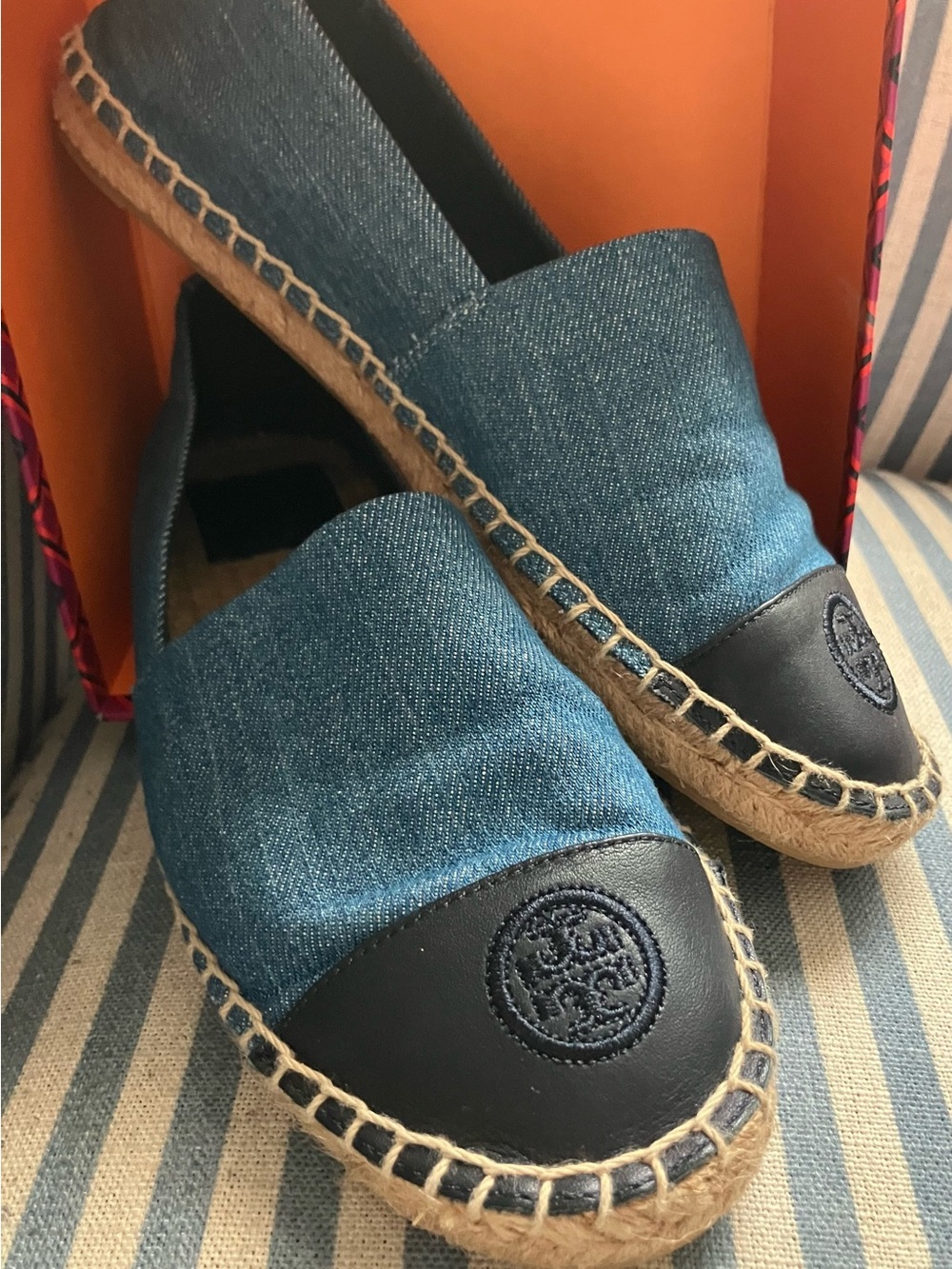 Tory Burch Blue Denim Espadrille Slip-Ons with logo caps size 7.5